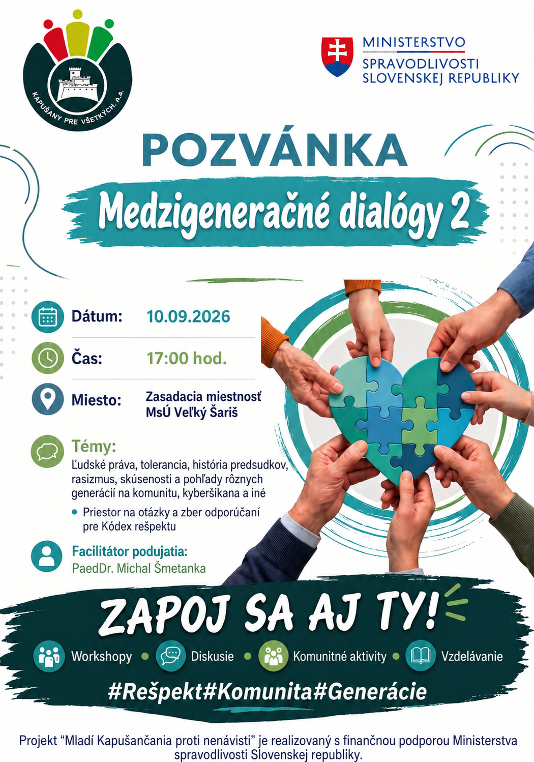 Pozvánka Medzigeneračné dialógy 2 v rámci projektu Mladí Kapušančania proti nenávisti 10. 9. 2026 Veľký Šariš