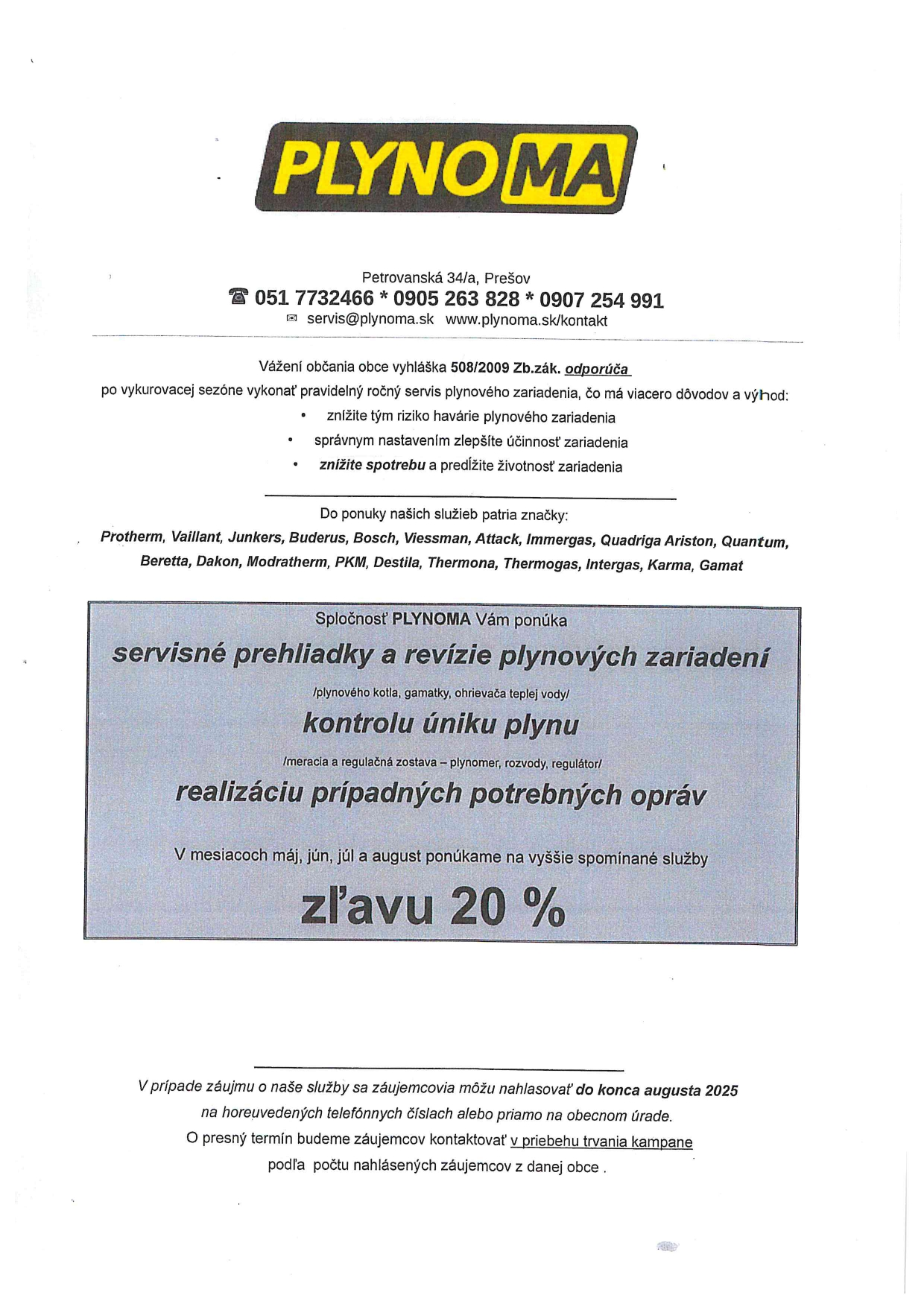 Fotka - Plynoma komerčný oznam servisné prehliadky a revízie plynových zariadení