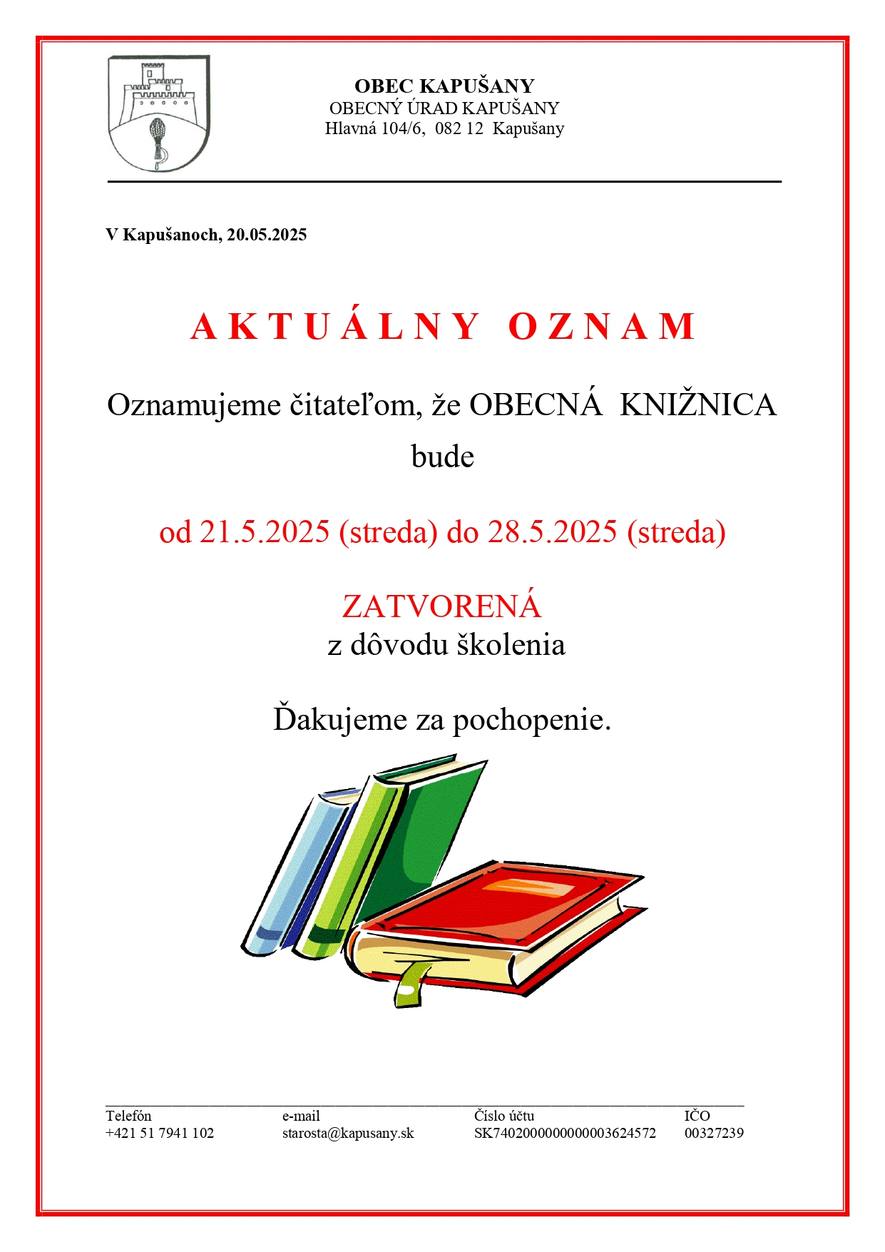Fotka - Oznam obecná knižnica zatvorená do 28. 5. 2025