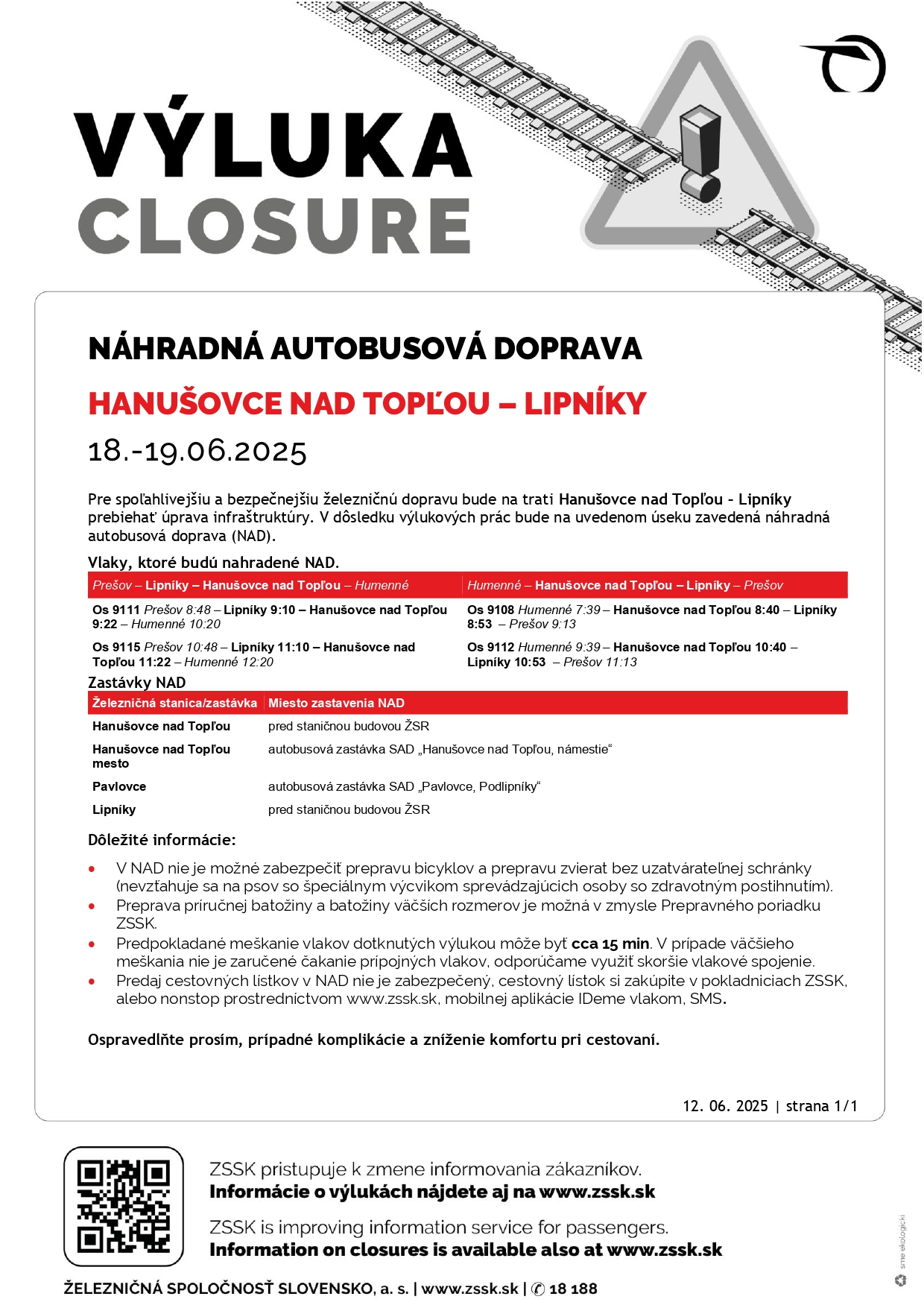 Fotka - Výluky ŽSR Hanušovce nad Topľou Lipníky_18.-19.06.25