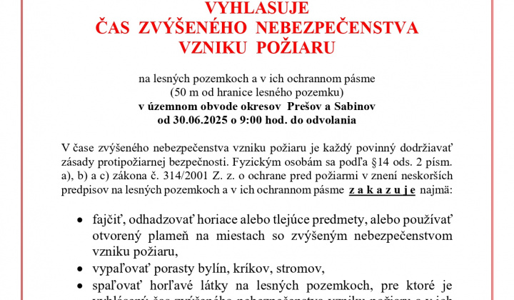 Fotka - Mimoriadny oznam - ČAS  ZVÝŠENÉHO  NEBEZPEČENSTVA  VZNIKU  POŽIARU
