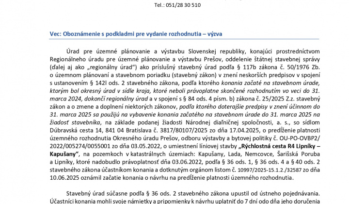Fotka - Verejná vyhláška -Rýchlostná cesta R4 Lipníky-Kapušany