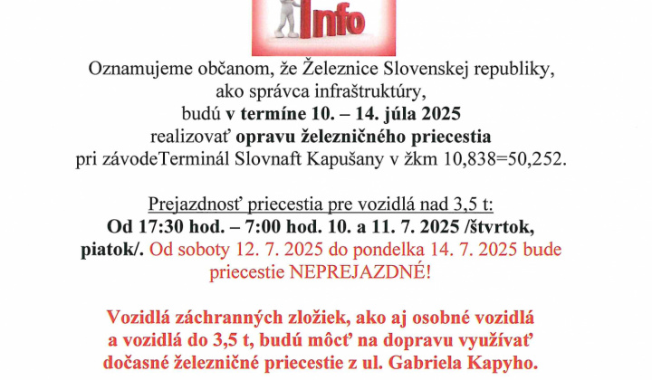 Fotka - Oznam - uzávera železničného priecestia