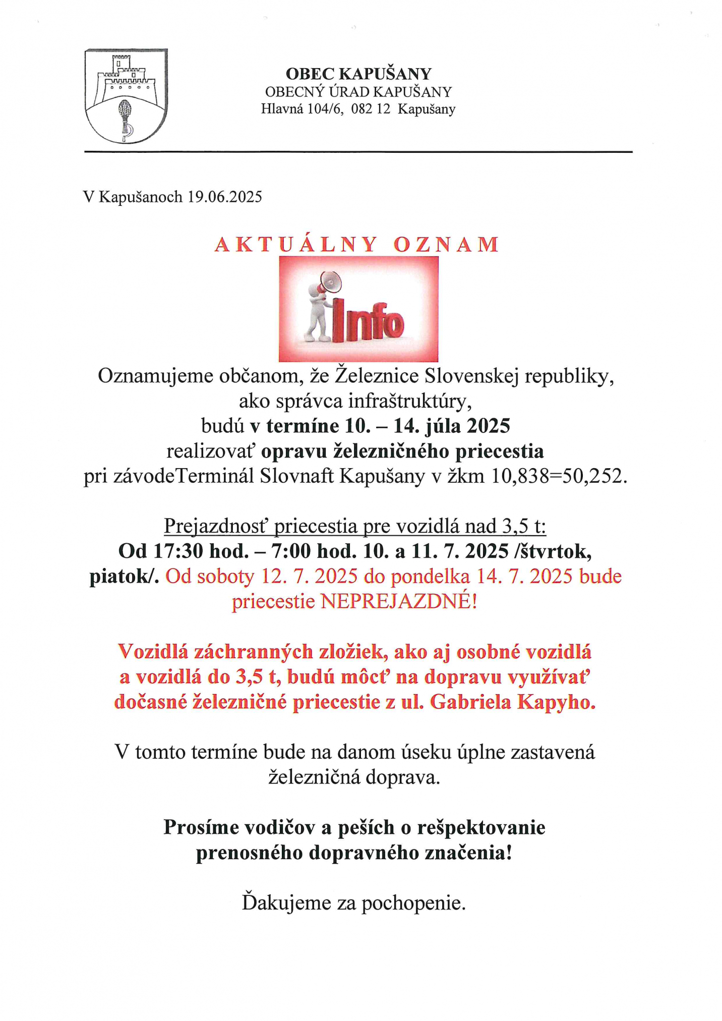Fotka - Oznam - uzávera železničného priecestia