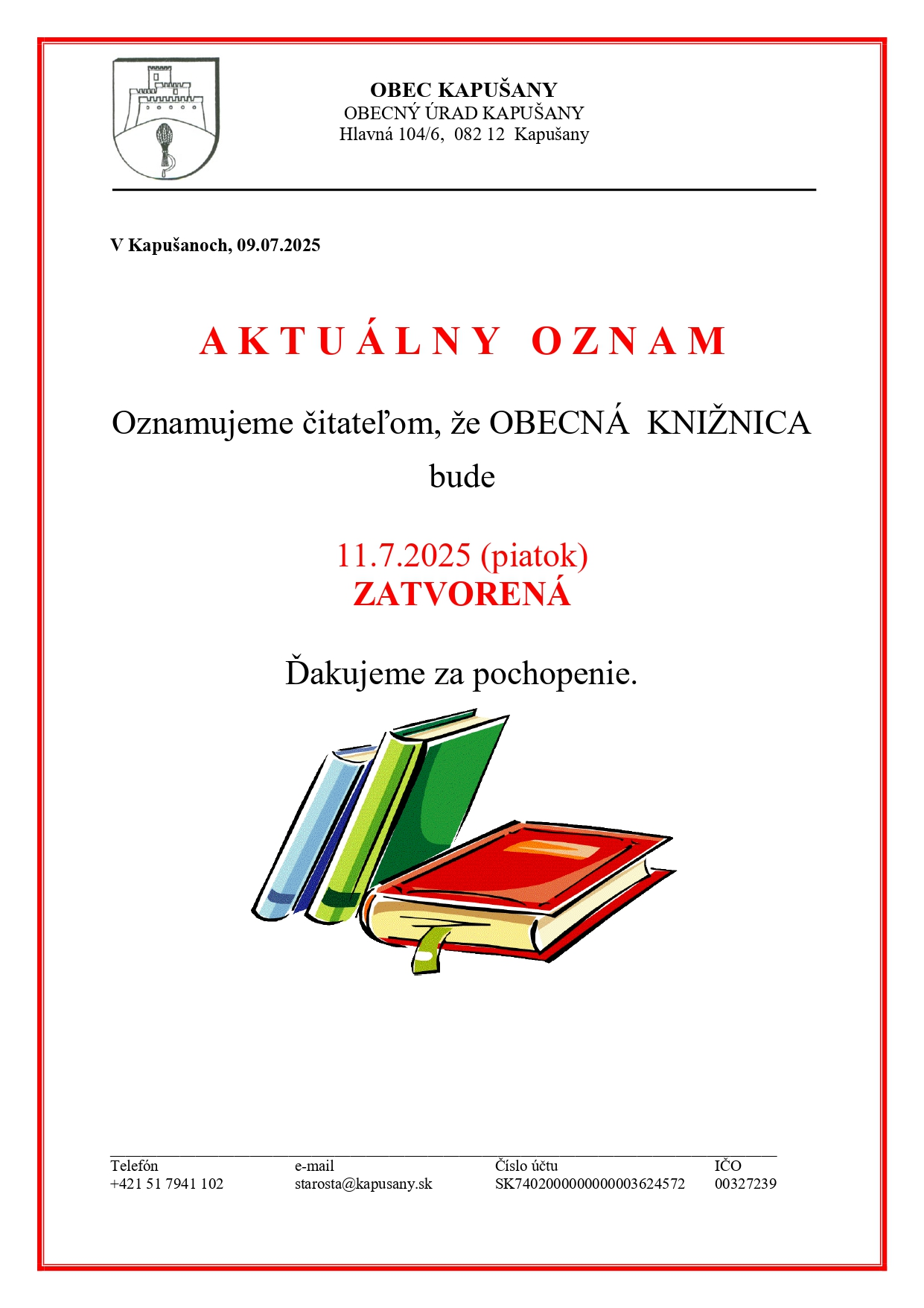 Fotka - Knižnica zatvorená 11.7.2025
