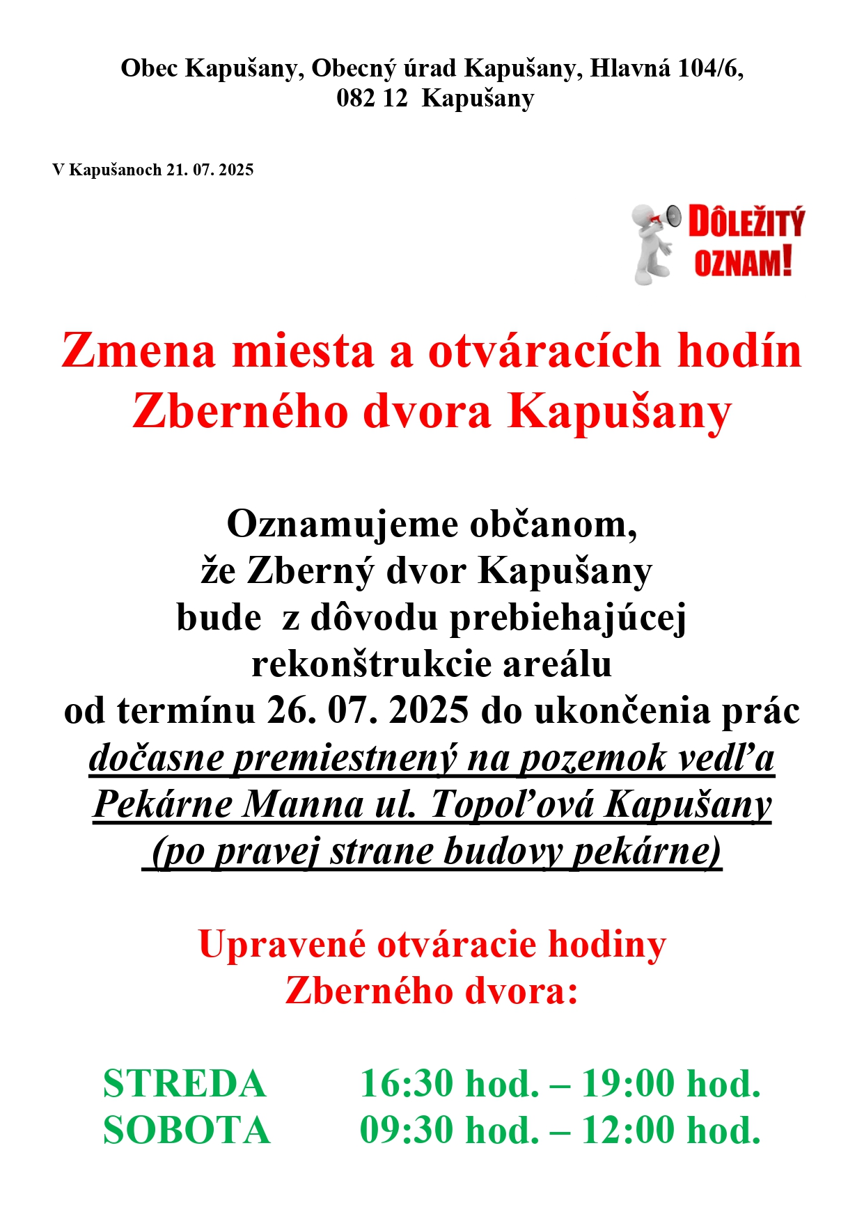 Fotka - Oznam otváracie hodiny Zberný dvor Kapušany počas rekonštrukcie od 26. 7. 2025