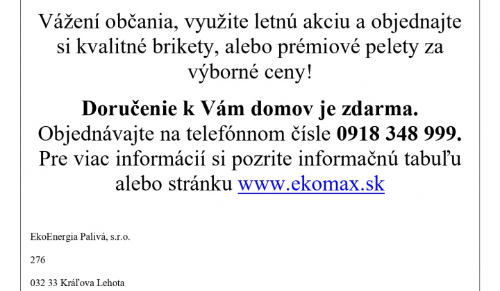 Fotka - Komerčný oznam  EkoEnergia Palivá, s.r.o.