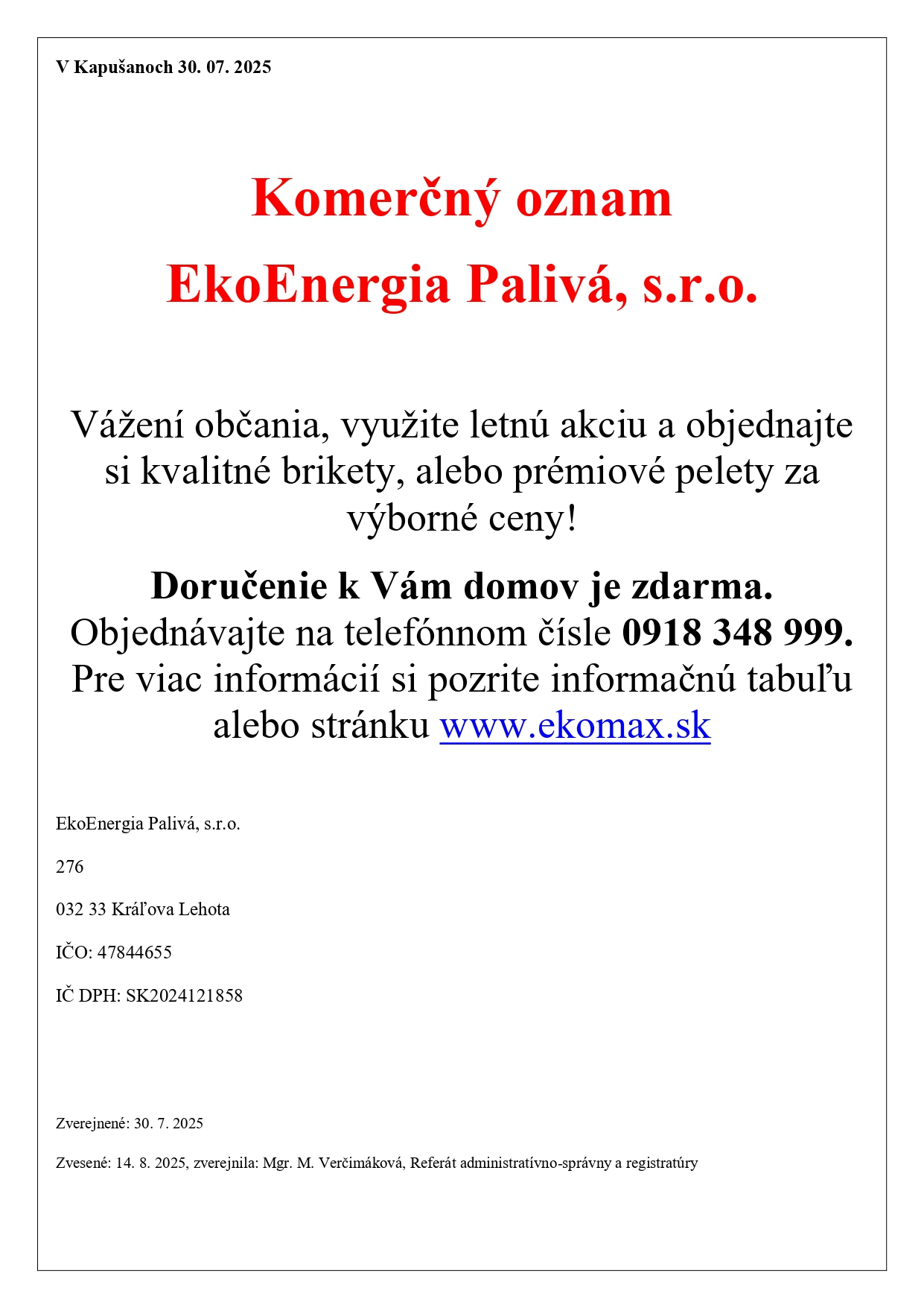 Fotka - Komerčný oznam EkoEnergia Palivá, s.r.o.