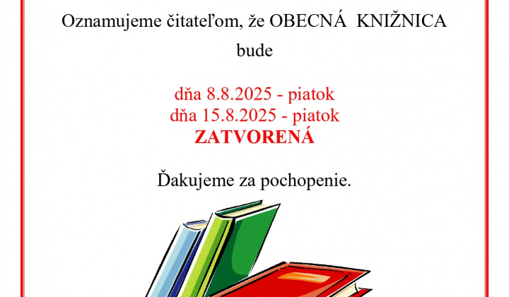 Fotka - OZNAM - obecná knižnica zatvorená