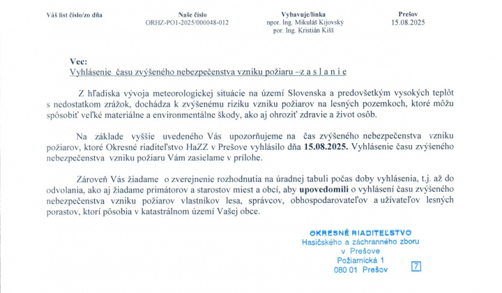 Fotka - Vyhlásenie času zvýšeného nebezpečného vzniku požiaru