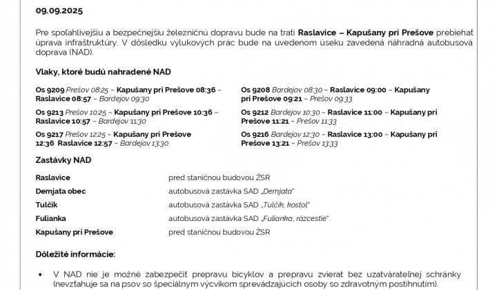 Fotka - Výluky ZŠR na trase Raslavice - Kapušany pri Prešove 9. 9. 2025