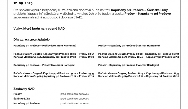 Fotka - Výluky ŽSR na trase Prešov - Kapušany 12. 09. 2025