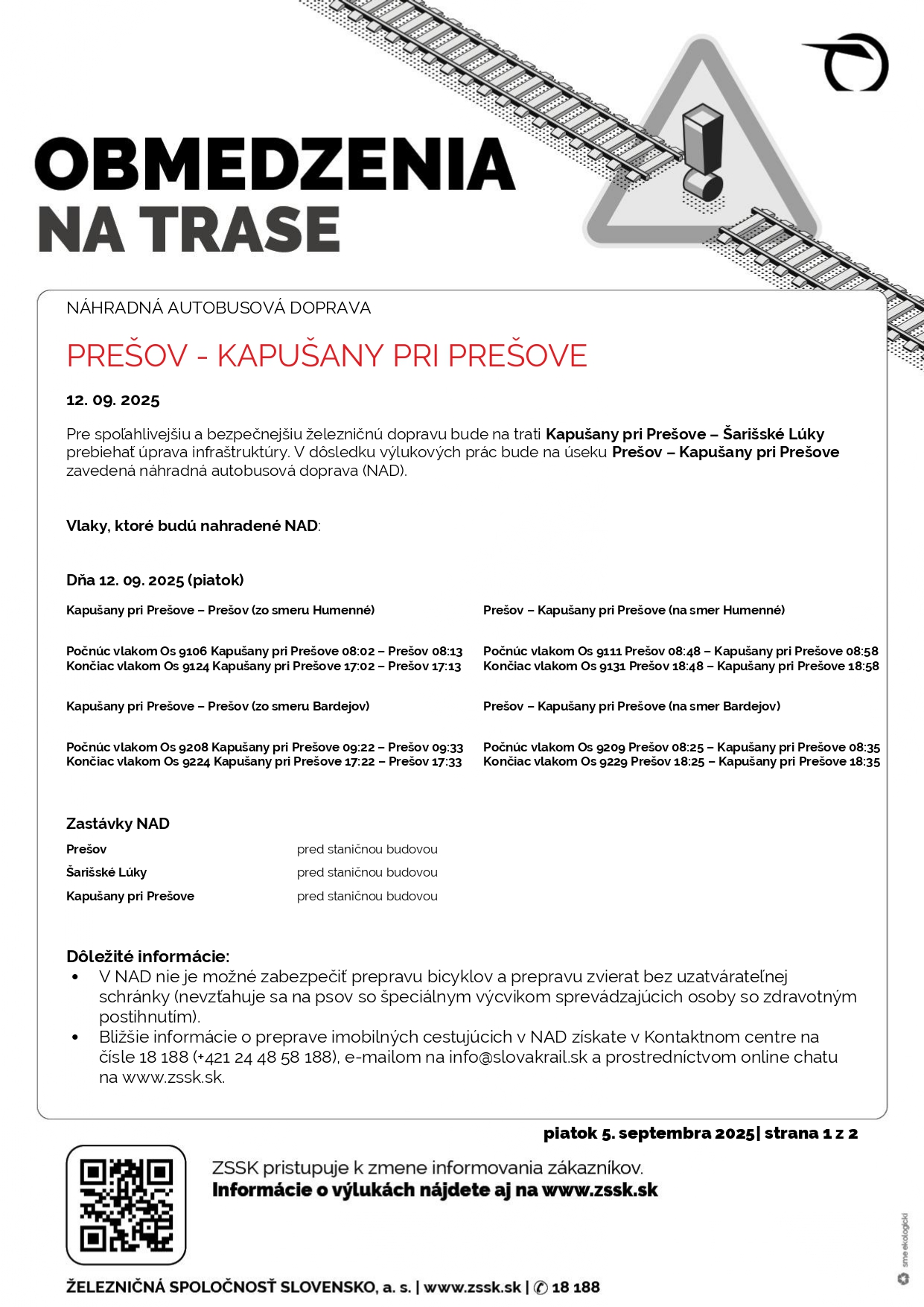 Fotka - Výluky ŽSR na trase Prešov - Kapušany 12. 09. 2025