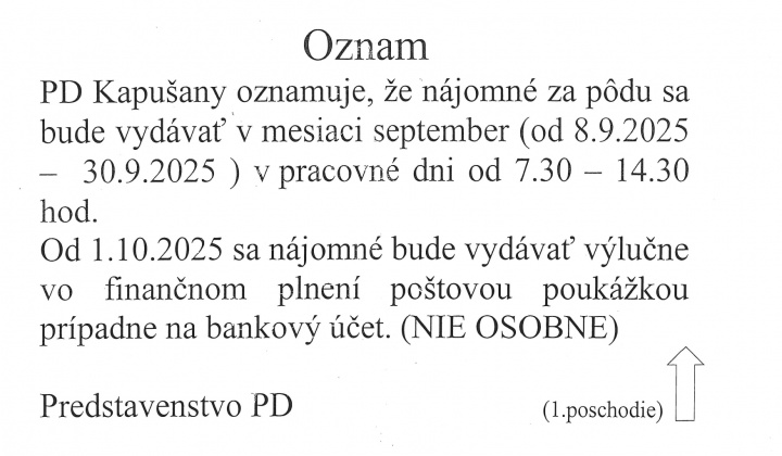 Fotka - Oznam Poľnohospodárskeho družstva Kapušany nájomné za pôdu