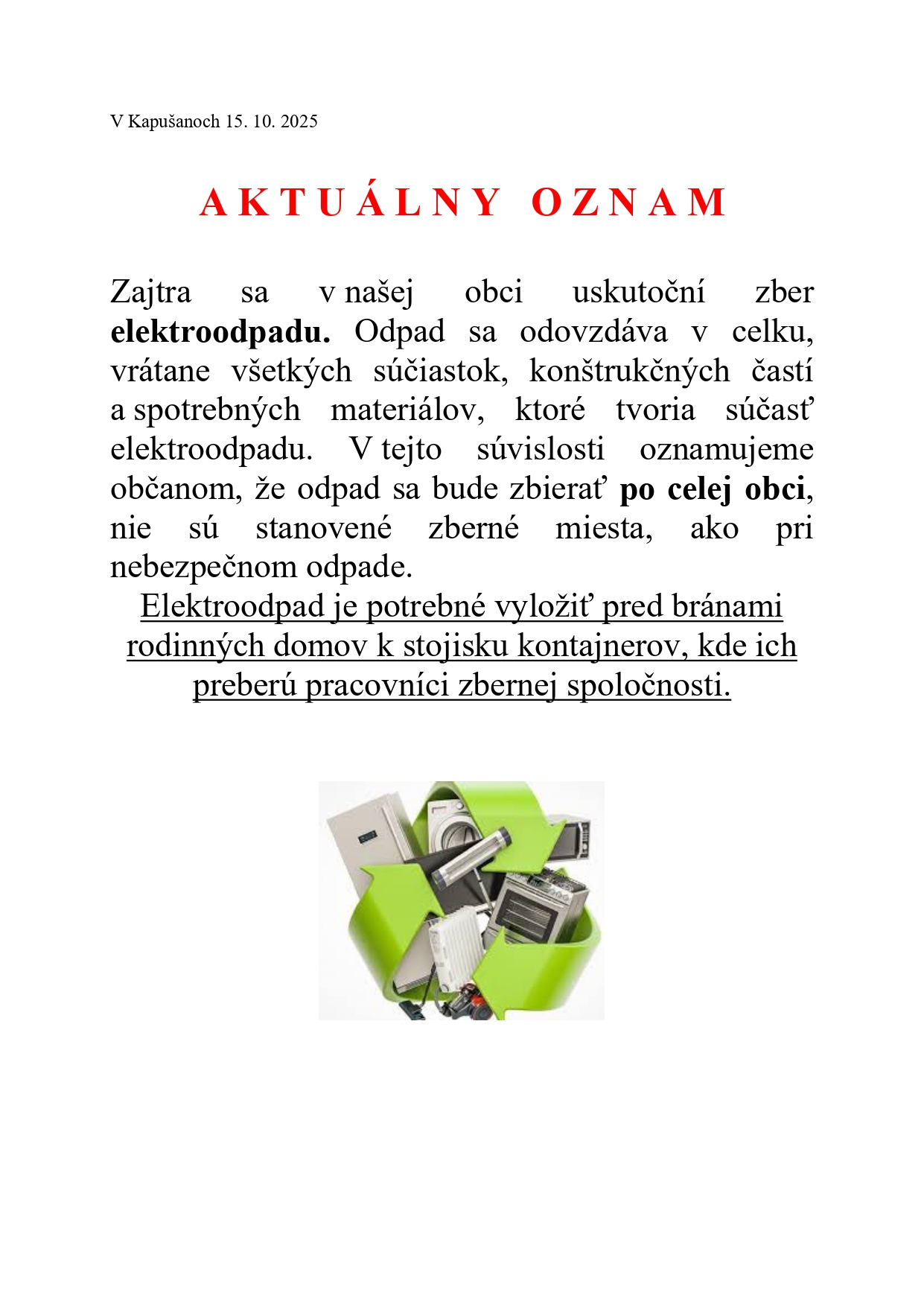 Fotka - Oznam zber elektroodpadu 16. 10. 2025