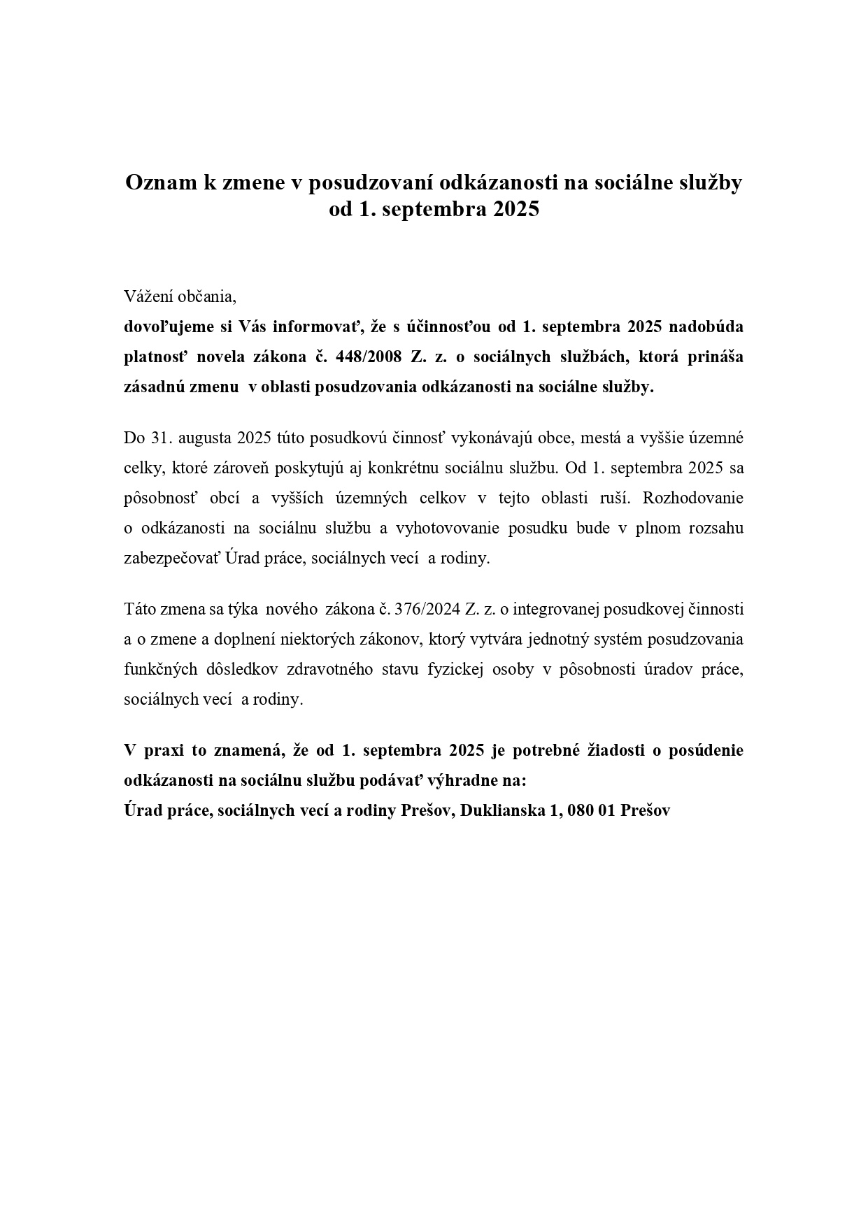 Oznam k zmene v posudzovaní odkázanosti na sociálne služby od 1. septembra 2025