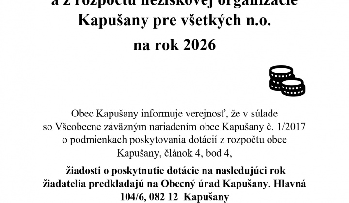 Fotka - Dotácie z rozpočtu obce Kapušany a Kapušany pre všetkých, n.o. na rok 2026