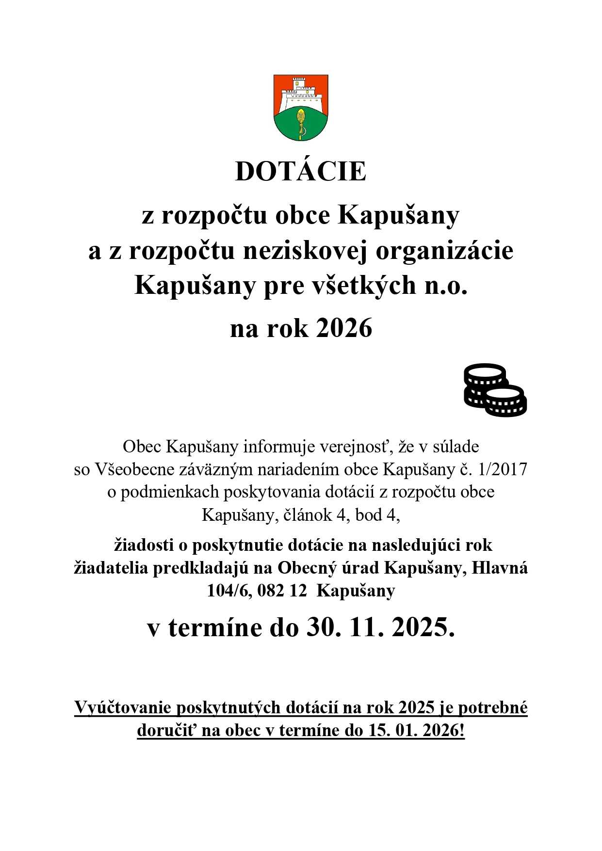 Fotka - Dotácie z rozpočtu obce Kapušany a Kapušany pre všetkých, n.o. na rok 2026