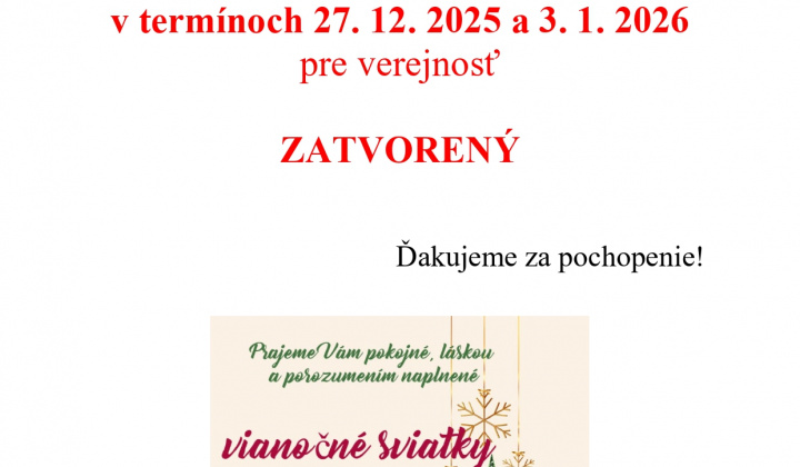 Fotka - Oznam Zberný dvor 27. 12. 2025 a 3. 1. 2026 pre verejnosť zatvorený