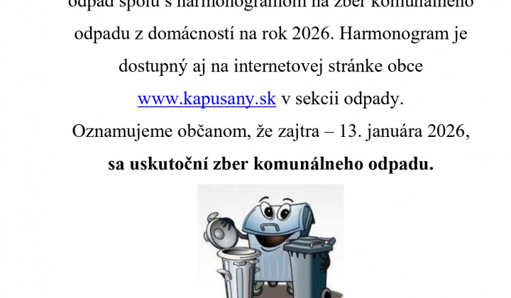Fotka - Oznam distribúcia vriec na separovaný odpad spolu s harmonogramom na rok 2026