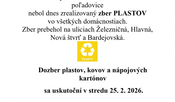 Fotka - Neuskutočený zber plastov 20. 2. 2026 nárhadný termín
