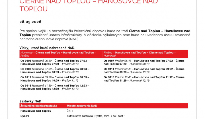 Fotka - Výluky ŽSR Hanušovce nad Topľou - Lipníky 28. 5. 2026
