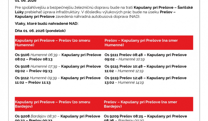 Fotka - Výluky ŽSR . 6. 2026