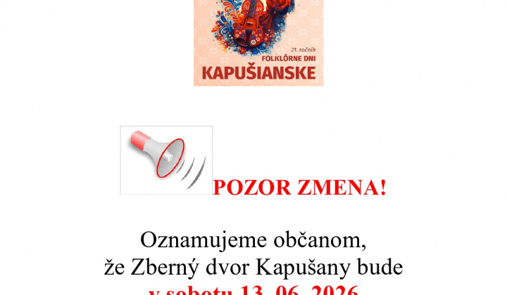 Fotka - Oznam zberný dvor v sobotu 13. 6. 2026 otvorený do 14:00 hod.