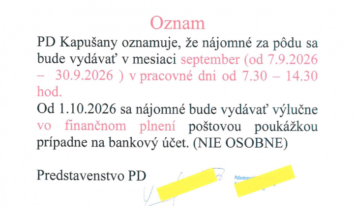 Fotka - Oznam Poľnohospodárskeho družstva Kapušany nájomné za pôdu 2026