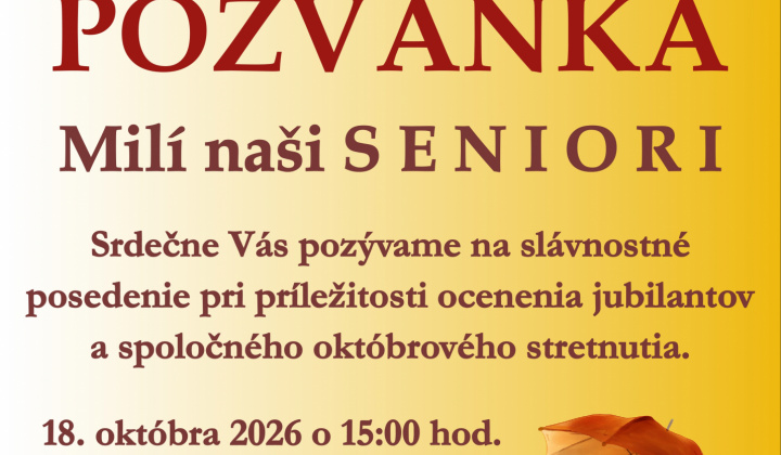 Fotka - Pozvánka Seniorské posedenie 18. 10. 2026 Kultúrny dom 15.00 hod.