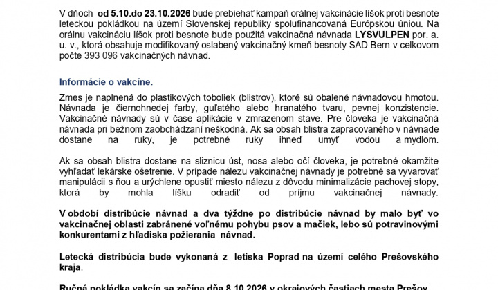Fotka - Oznámenie o začatí jesennej kampane 2026 orálnej vakcinácie líšok proti besnote