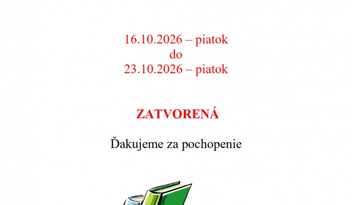 Fotka - Oznam obecná knižnica od 16. 10. 2026 do 23. 10. 2026