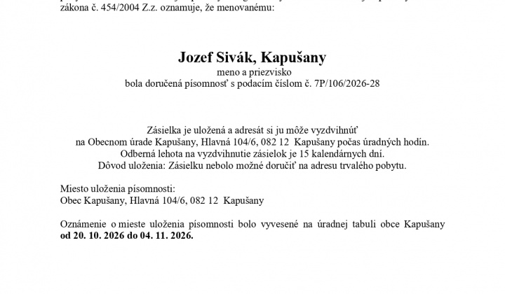 Fotka - Oznámenie o uložení písomnosti Jozef Sivák č. 7P_106_2026_28
